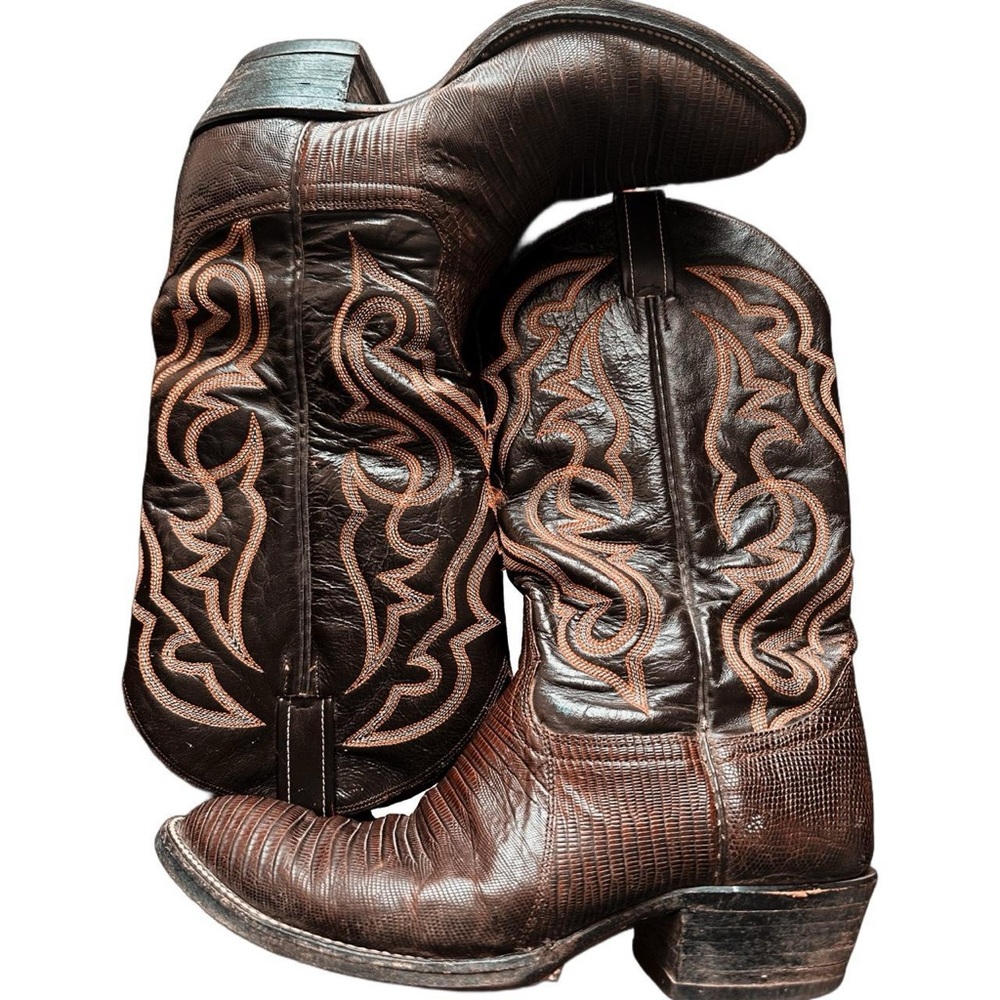 Vintage 1970s 70s Brown Lizard Lizardskin Exotic Leather Cowboy Western Boots 9